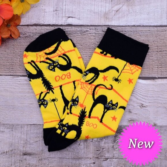 Happy Haunts Halloween Boo Socks Black Cats and Spiders Yellow Gift Packaged - Picture 4 of 9